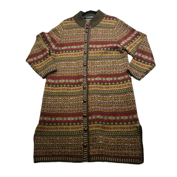 ORVIS wool long sweater cardigan  button front size L olive green red Nordic - Picture 2 of 11